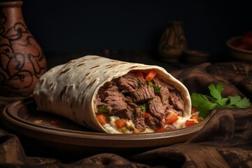 Hearty doner kebab in a clay dish against a coffee sack fabric background