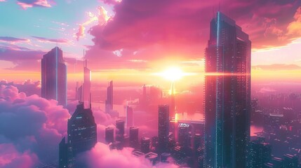 Futuristic future modern city with shrouded clouds in the afternoon background wallpaper AI generated image - obrazy, fototapety, plakaty