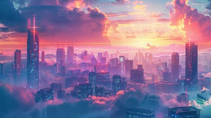 Futuristic future modern city with shrouded clouds in the afternoon background wallpaper AI generated image - obrazy, fototapety, plakaty