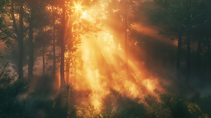 A dense and mystical fog forest where sunlight filters through the mist, casting an otherworldly glow