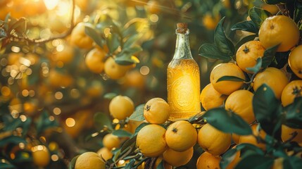   A bottle of lemonade atop a tree laden with ripe lemons and verdant leaves