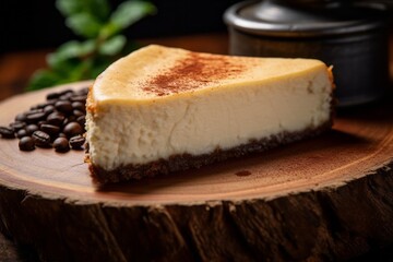 Juicy cheesecake on a wooden board against a coffee sack fabric background