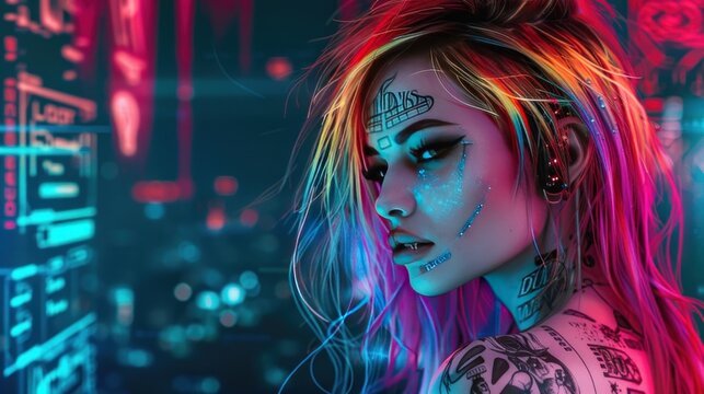 Cyberpunk woman punk with colored hair and tattoos background wallpaper AI generated image