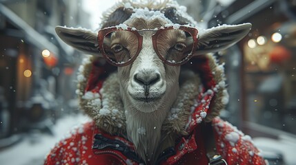   A goat in glasses and red coat roams city street, snows falls, settling upon its head as flurries - obrazy, fototapety, plakaty