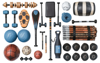 Selection of Various Sports Tools isolated on transparent Background