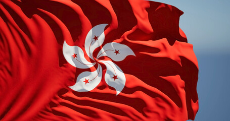 Close-up of the national flag of Hong Kong flutters in the wind on a sunny day - 775110101