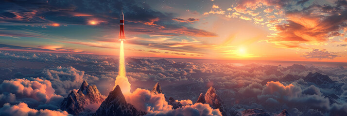 panorama of the space landscape with a flying rocket. space exploration, interplanetary flights, travel or interstellar tourism. fantasy scene. - obrazy, fototapety, plakaty