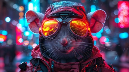   A rat dons goggles and a hat, amidst city's nightscape, surrounded by bright lights
