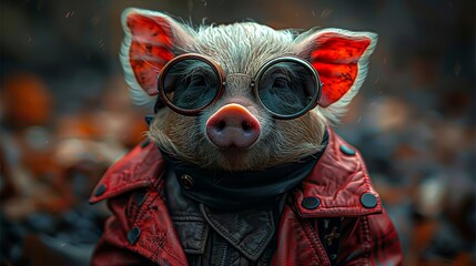   A tight shot of a pig in a red leather jacket and goggles, surrounded by a throng of onlookers