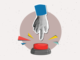 Hand presses the red button. Vector illustration in a modern collage style - 775110707
