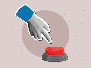 Hand presses the red button. Vector illustration in a modern collage style - 775110713