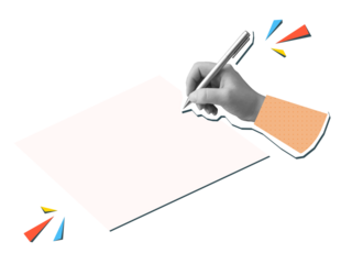 Black and white hand writes with a pen on an empty paper sheet. Illustration in a modern collage style on transparent background