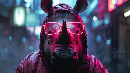   A person dons a red light pair of glasses A black rhinoceros wears similarly, its eyes covered in red lights