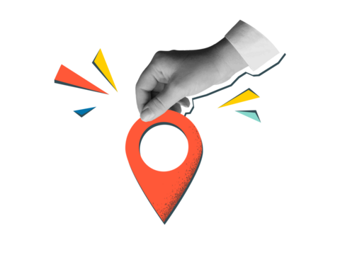 Black and white hand holds a red location pin. Destination sign in an arm in a modern collage style. Illustration on transparent background