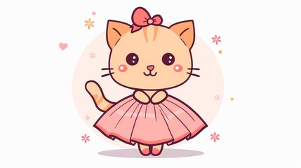   A cartoon cat in pink dress and bow, facing white backdrop with pink blooms