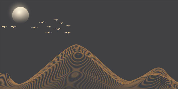 Vector abstract art landscape mountain with birds and sunrise sunset by golden line art texture isolated on dark grey black background.. vektor illustration