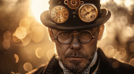 Steampunk man in top hat  sepia toned creative photography with vintage details and high contrast