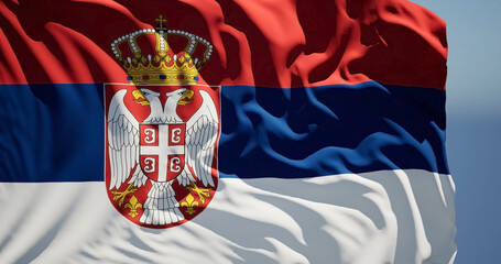Close-up of the national flag of serbia flutters in the wind on a sunny day - 775111189
