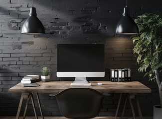 Minimalist Modern Home Office with iMac on Wooden Desk - obrazy, fototapety, plakaty