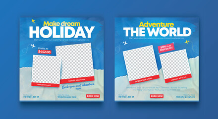 Travel social media banner post template design. Summer beach holiday online promotion poster. Traveling flyer. Holiday and tour advertising social media design.