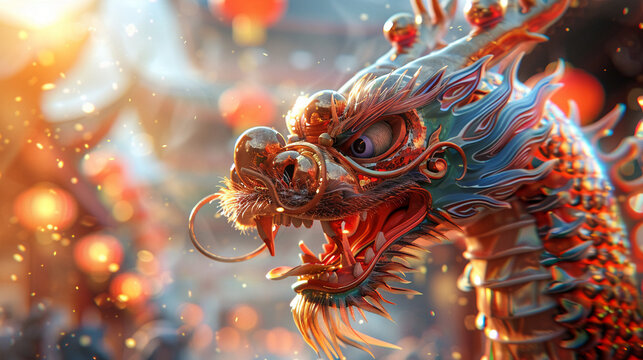 Dragon Dance, Silk Dragon Costume, Vibrant dragon parade through city streets during Chinese New Year, Clear sky, 3D render, Backlights, Vignette
