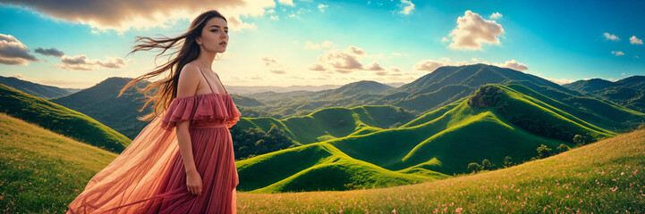 Ethereal Enchantment: Beautiful Girl Embracing Spring's Aura on Hills