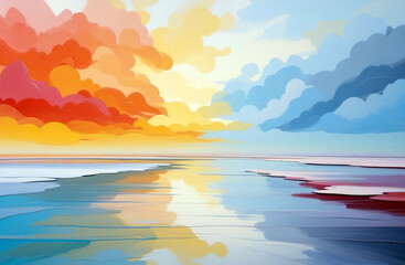 Fototapeta na wymiar Minimalist colorful peaceful watercolor abstract landscape with vibrant colors. 