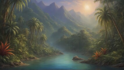 Background in style - Tropical jungle background with river: a natural world in motion. Generative AI, Generative, AI