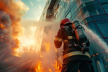 Foto op Aluminium A heroic fireman battles flames, bravely extinguishing a blaze engulfing a towering business center. © Evgeniia