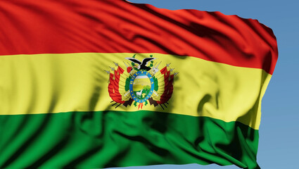 Close-up of the national flag of bolivia flutters in the wind on a sunny day - 775112156