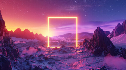 Against the backdrop of a futuristic landscape, a brilliant yellow neon square casts its radiant glow, illuminating the surroundings with a vibrant energy. - obrazy, fototapety, plakaty