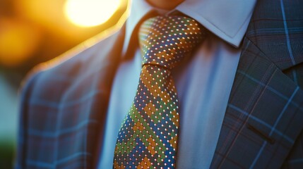 a man wearing a tie. The tie has a pattern made from small multicoloured dots