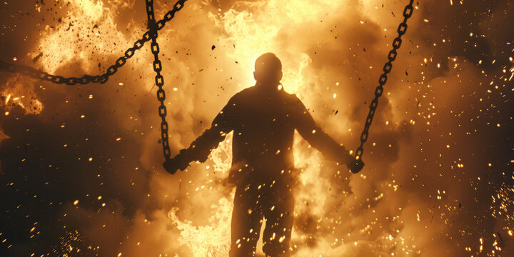 Against the backdrop of chaos and danger, a man defies the odds, breaking free from his chains amidst a scene of fire and explosion.