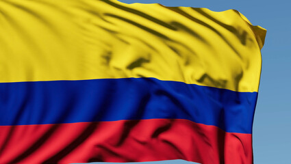 Close-up of the national flag of Colombia flutters in the wind on a sunny day - 775112537