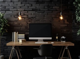 Minimalist Modern Home Office with iMac on Wooden Desk - obrazy, fototapety, plakaty