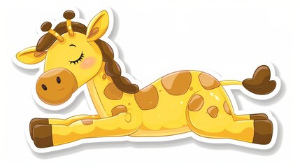   A sticker of a giraffe lying down with closed eyes and a smiling face