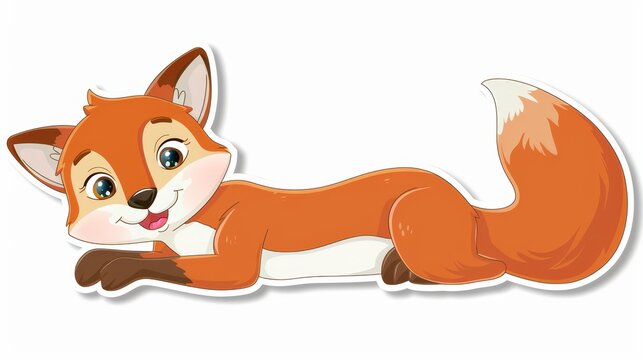  A white background features a sticker of a cute fox lying down, with its mouth open and tongue out