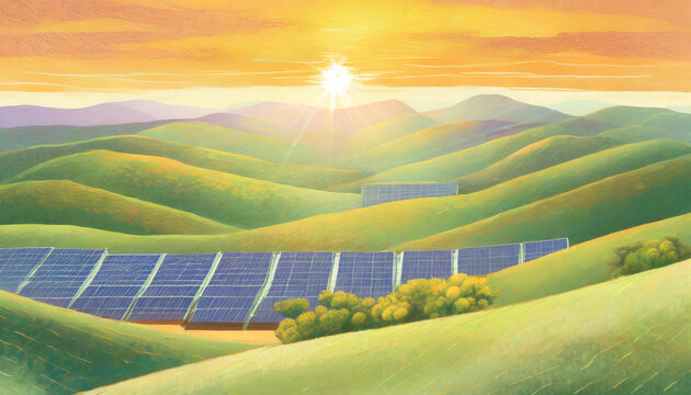 illustrazione di paesaggio con verdi colline e impianti fotovoltaici per la produzione di energi rinnovabile