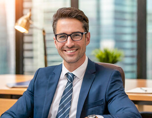 Portrait of handsome glasses caucasian business man sitting in interior office on desk