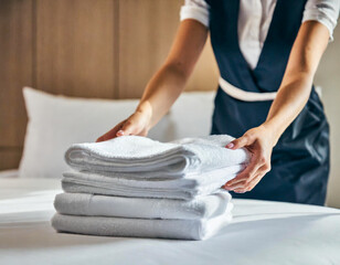 Fototapeta premium hand professional chambermaid hostel putting stack of fresh white towels clean in hotel room bedroom