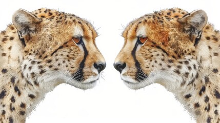   Two cheetahs face off with heads turned towards each other against a pristine white backdrop