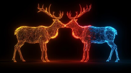   Two deer posed side by side against a black backdrop Red, blue, and yellow lights encircled them
