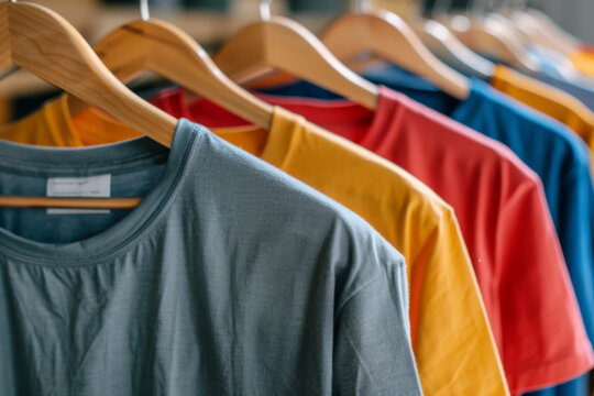 Close-up of colorful t-shirts on hangers. Background for design.
