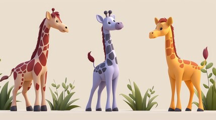   Three giraffes stand together in a tall grass field filled with flowers