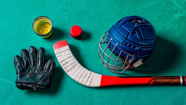 A table with a green surface, topped with a hockey ball, a glove, a hockey stick, a cup of liquid, and a helmet.