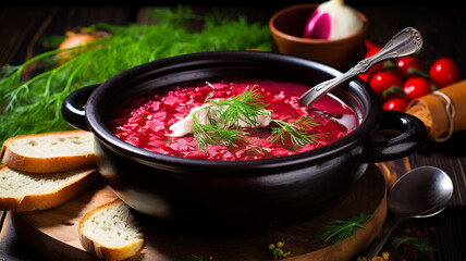  A classic Ukrainian borscht served in a vibrant red bowl, topped with sour cream and fresh herbs, alongside a rustic bread slice.