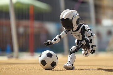 A modern robot stepping onto a soccer ball, displaying artificial intelligence in sports.