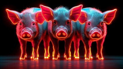   Three pink pigs assembly on a black backdrop, surrounded by red and blue neon lights