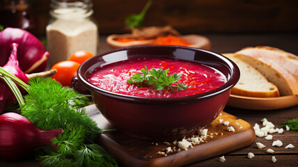  A classic Ukrainian borscht served in a vibrant red bowl, topped with sour cream and fresh herbs, alongside a rustic bread slice. - obrazy, fototapety, plakaty