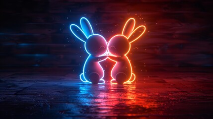   Two neon rabbits stand side by side atop a weathered wooden floor, before a plain wall - obrazy, fototapety, plakaty